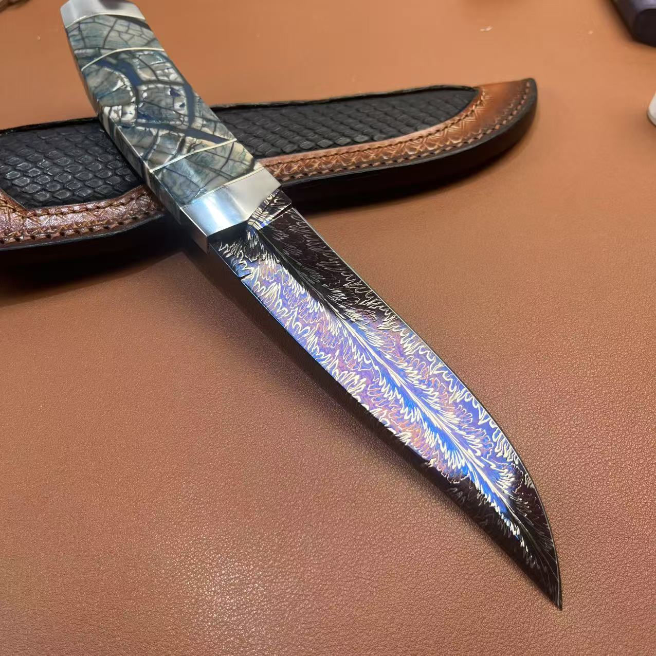 【众润】大马士革羽毛纹 手柄牙料收藏品