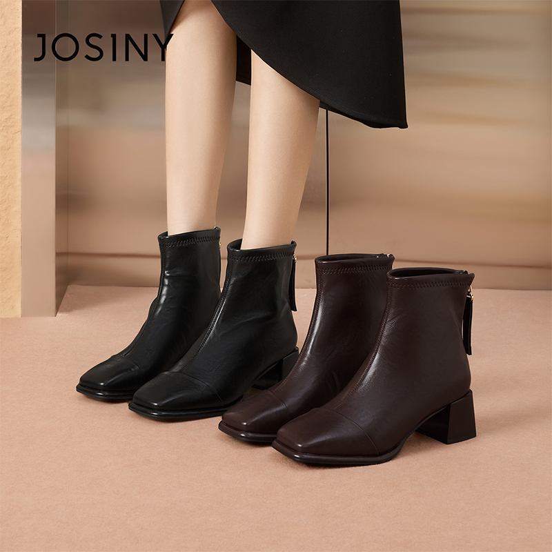 卓诗尼方头短筒靴25冬新款粗跟薄绒法式高跟加绒瘦瘦靴502A63955