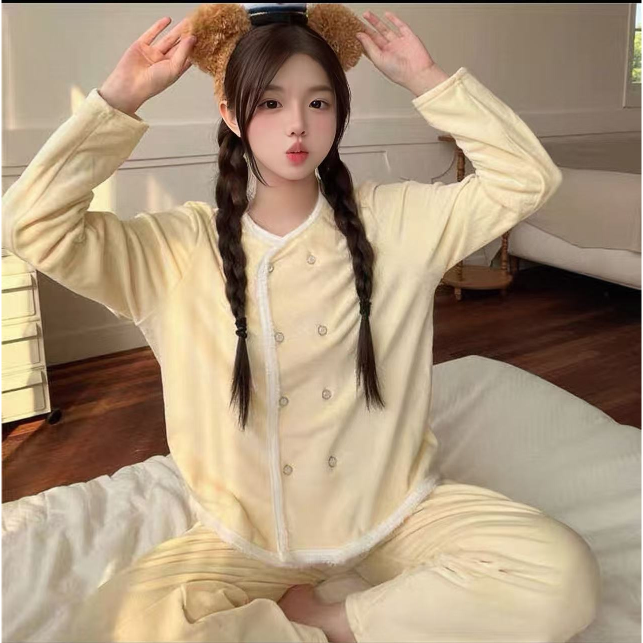 甜美软糯海岛绒睡衣女秋冬季长袖开衫双排扣家居服可外穿