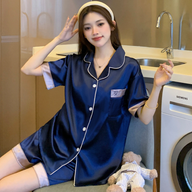 跨境高级感仿真丝女士夏季可外穿休闲舒适短袖家居服睡衣套装