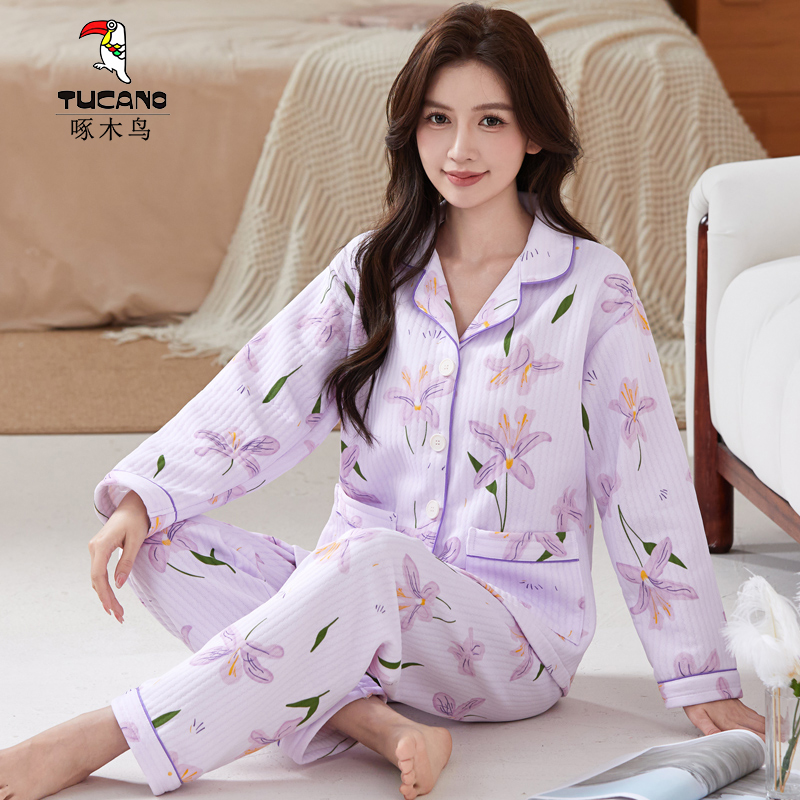 啄木鸟睡衣女士冬款空气棉夹层加厚25新款保暖休闲家居服大码套装