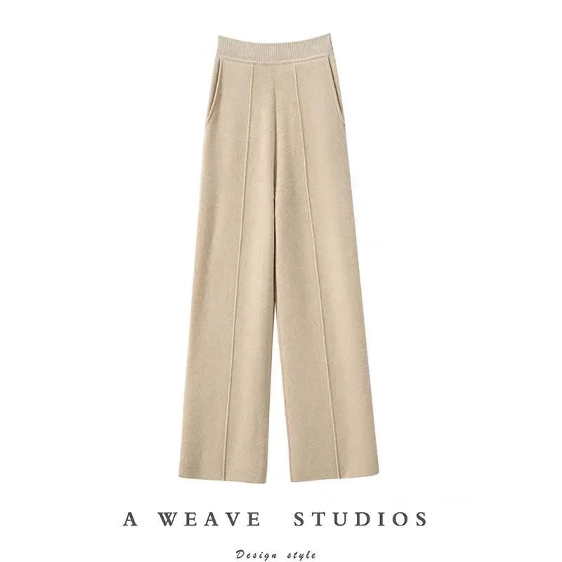 【羊绒】新款羊绒阔腿裤女抽条垂感高腰直筒裤子100山羊绒针织XR