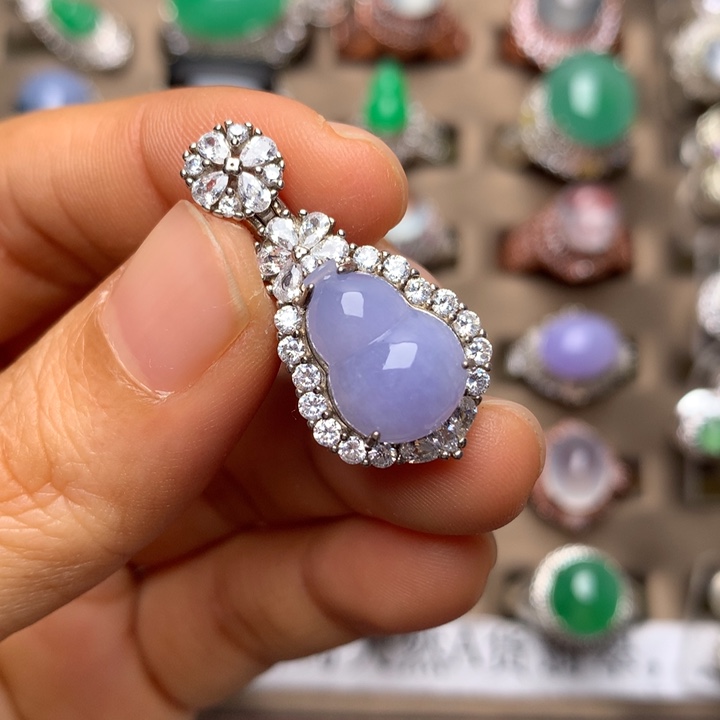 翡翠合金戒指翡翠糯种紫葫芦吊坠