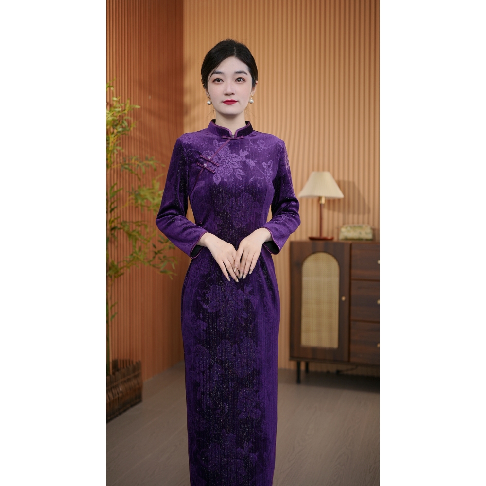 【典雅蓝紫】衣长120冬季加绒新款长袖长款显瘦减龄高档旗袍