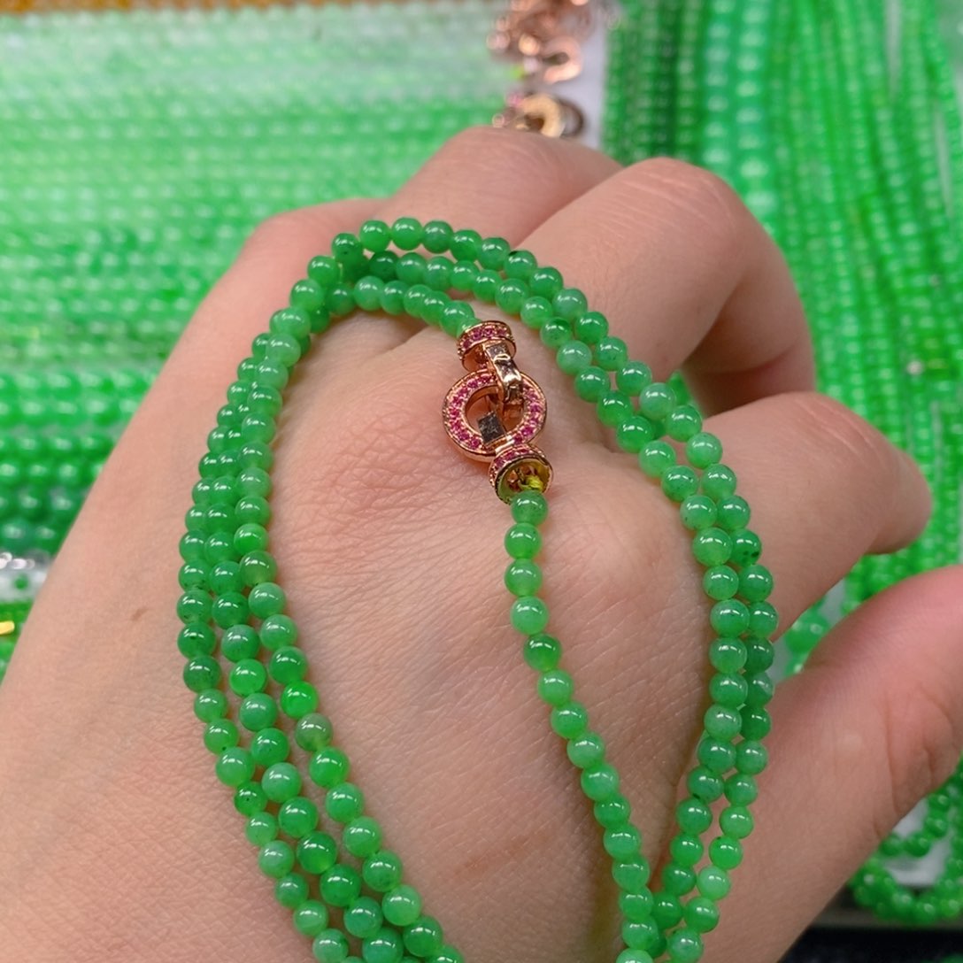 翡翠颈饰未镶嵌缅甸天然翡翠冰种阳绿小米珠项链3.6m' m