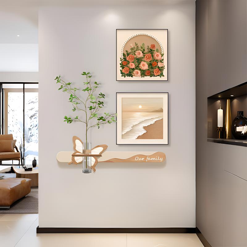 原木简约奶油风客厅玄观墙面水培绿植蝴蝶花卉墙上装饰画
