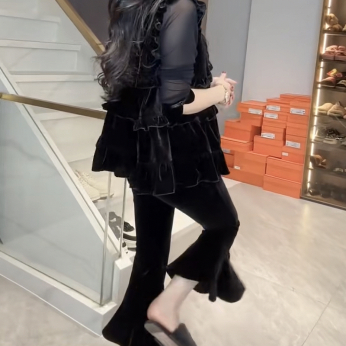 【月姐家】重工加肥加长加厚马甲丝绒喇叭裤套装