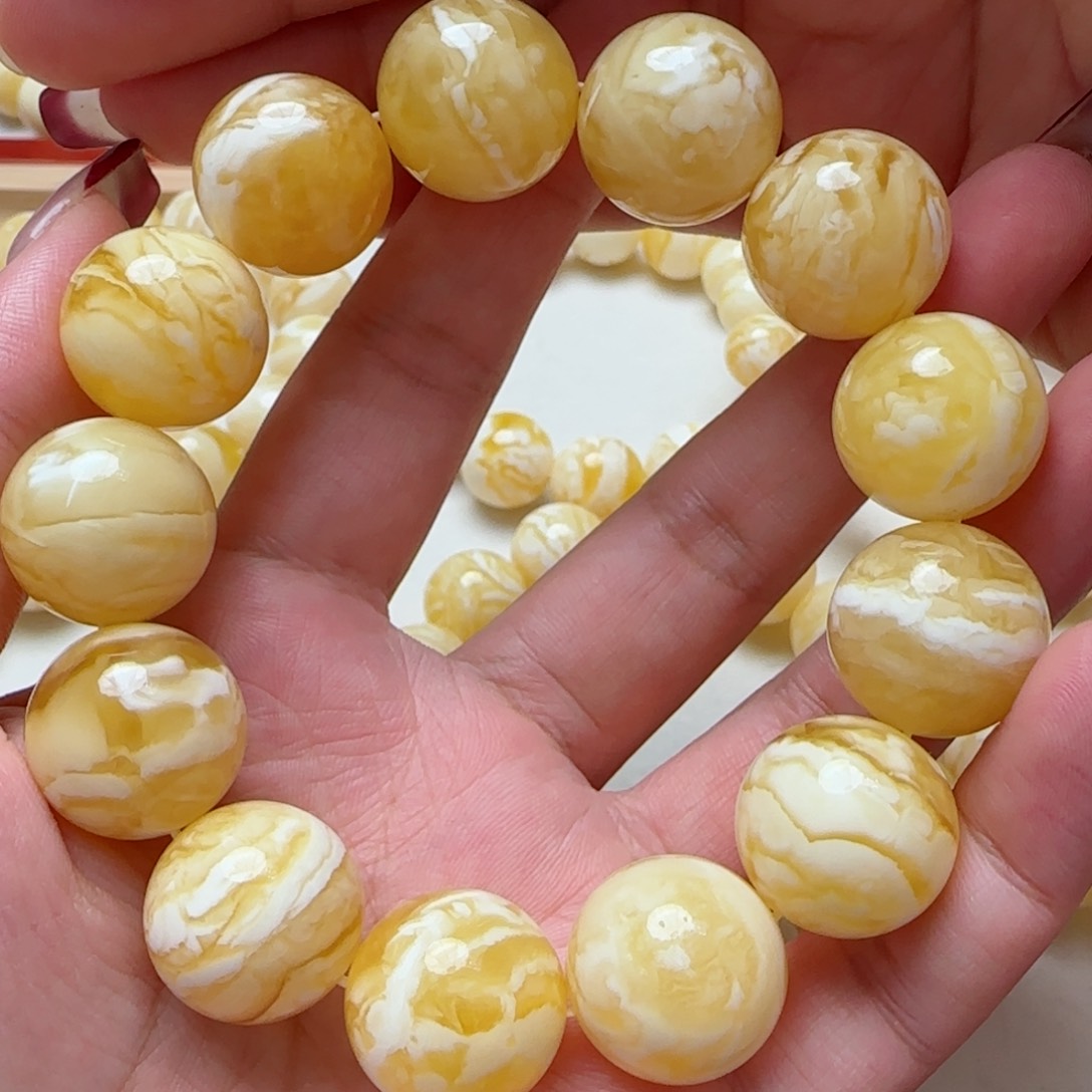 琥珀手链未镶嵌18.7m瓷白虎皮妖花圆珠手串