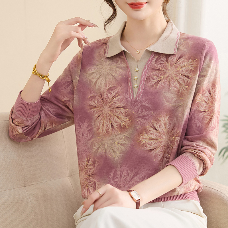 时尚翻领常规款针织衫中老年女装套头小衫春秋洋气宽松时尚妈妈装
