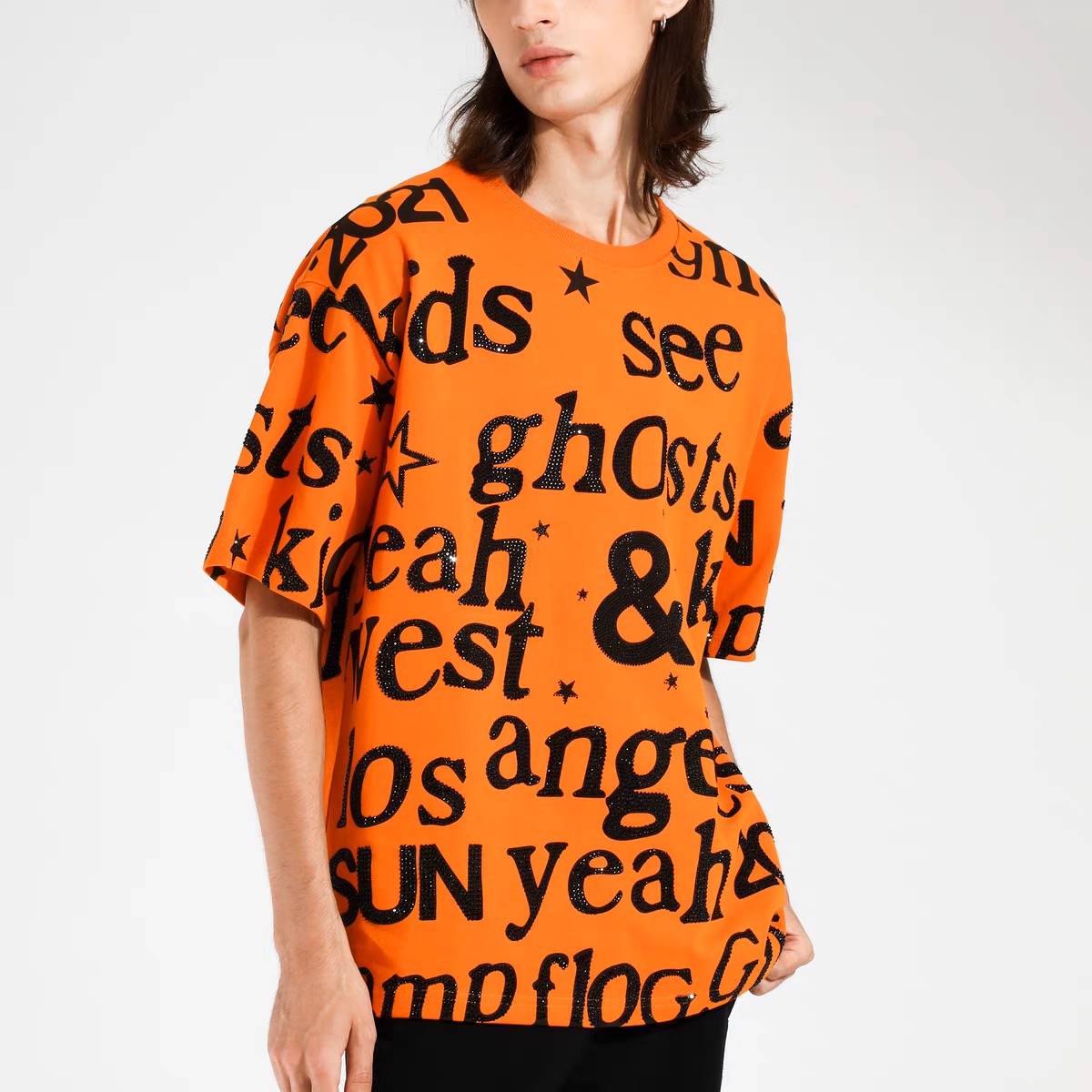 DC时尚重工休闲烫钻字母LOGO橙色短袖T    T21110C6042