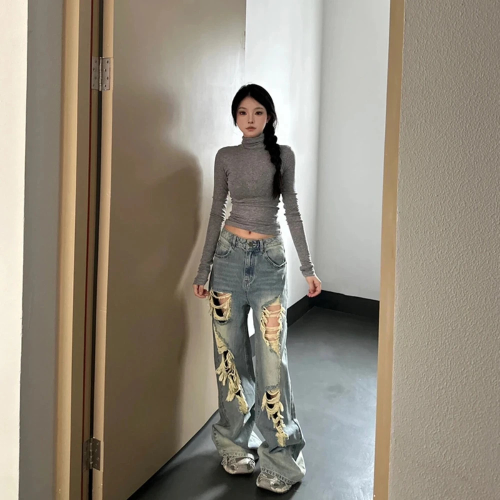 【免费试穿】美式街头破洞牛仔裤女秋冬新款高腰宽松阔腿显瘦拖地裤