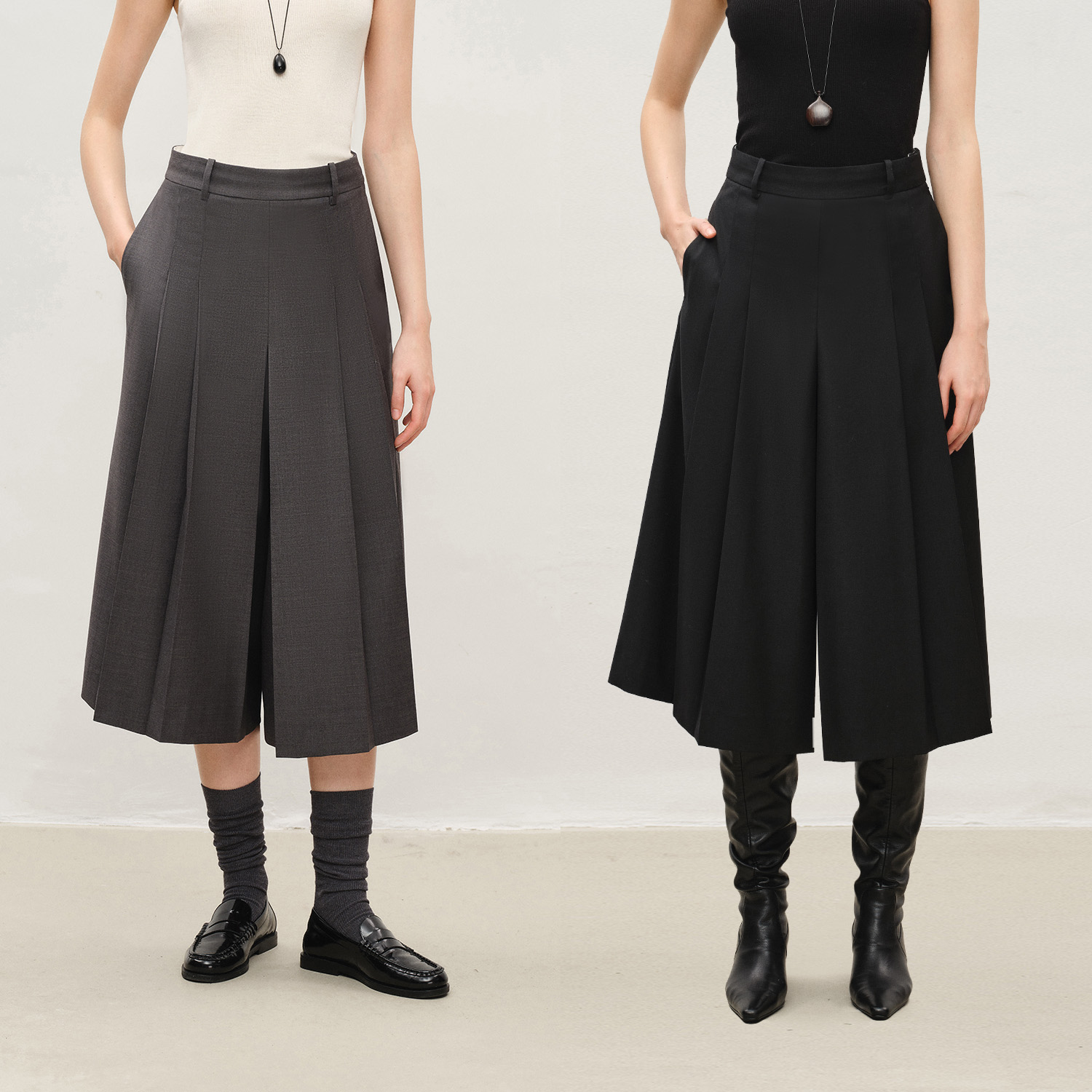 MARIUS复古老钱莱卡羊毛显瘦显高阔腿多褶A摆西装裙裤女