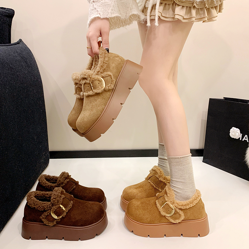 牛皮女鞋勃肯鞋女冬季加绒保暖厚底毛毛鞋加厚厚底棉鞋10061