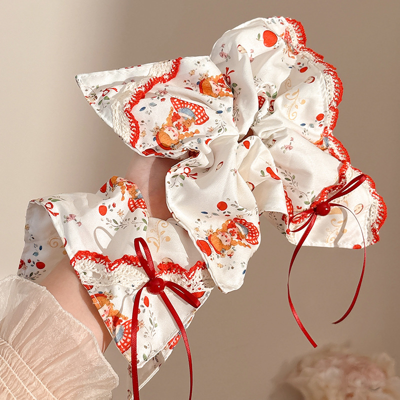 可爱红苹果方巾发圈女扎发头绳蕾丝蝴蝶结头花少女显白肥肠圈发绳