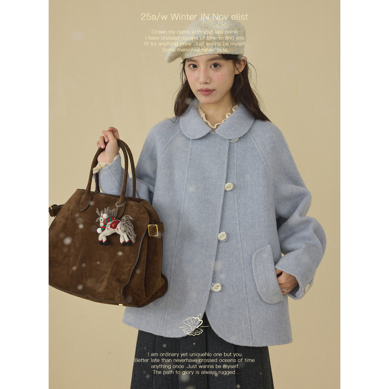 什一 复古减龄娃娃领人字纹杂色感双面呢短款宽松羊毛大衣外套