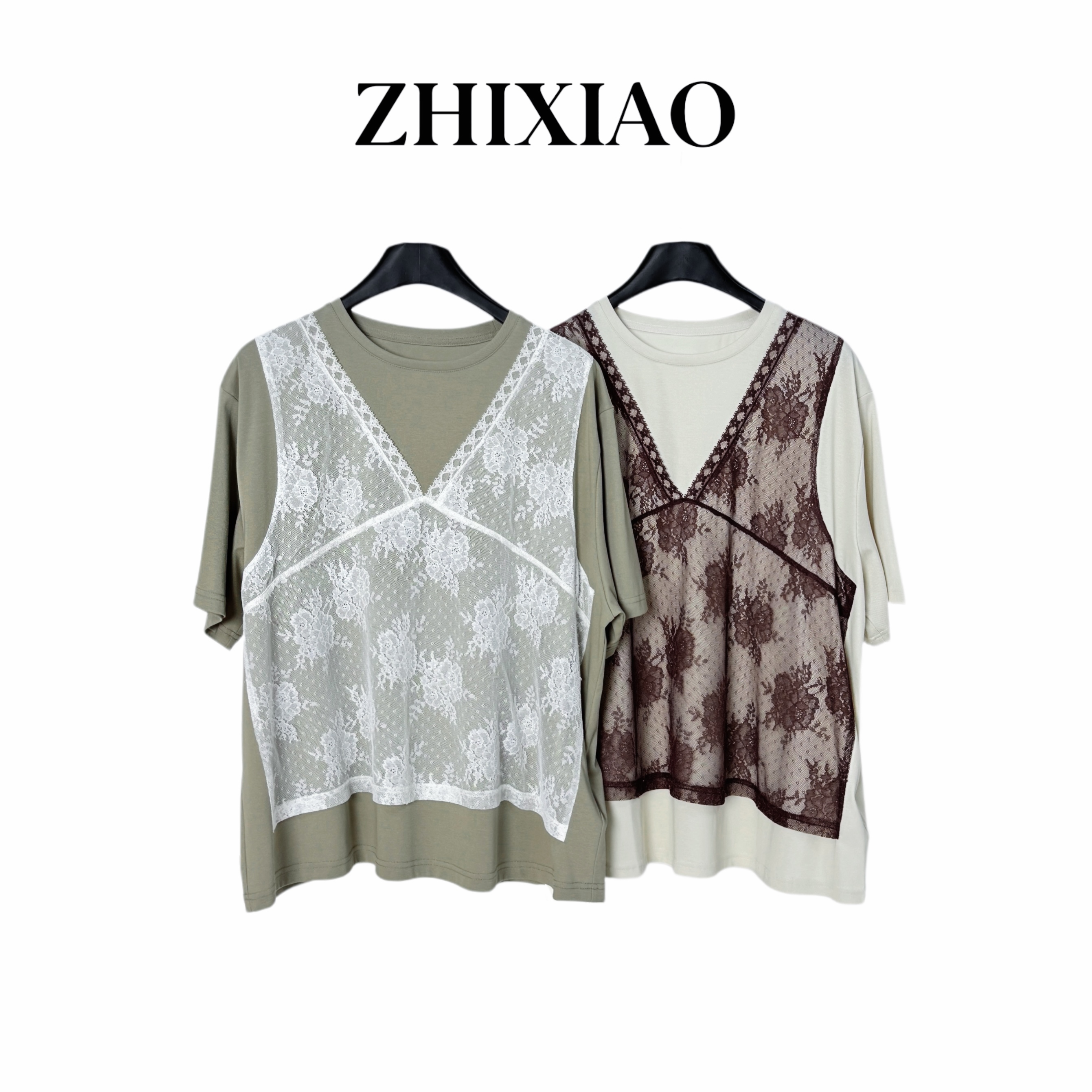 【ZHIXIAO】夏季新款：蕾丝假两件短袖85510