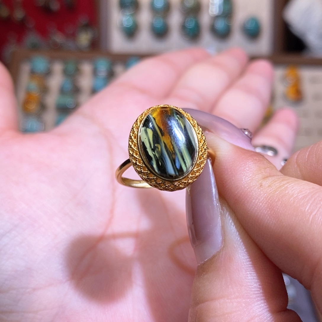 琥珀戒指银S925镀金镶嵌戒指