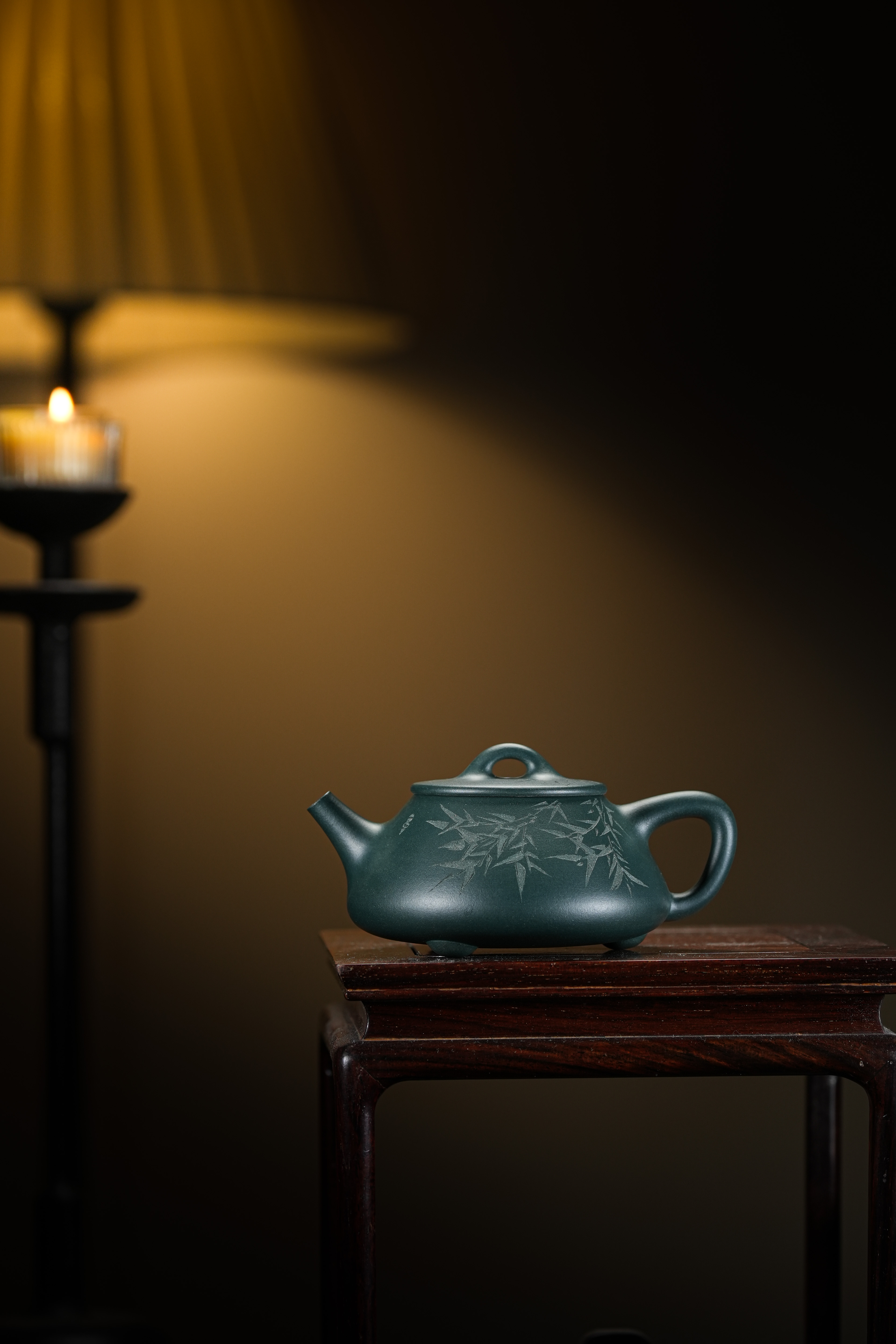 景舟系列·平盖石瓢 刘斌刻绘 200cc 墨绿泥 精工半手