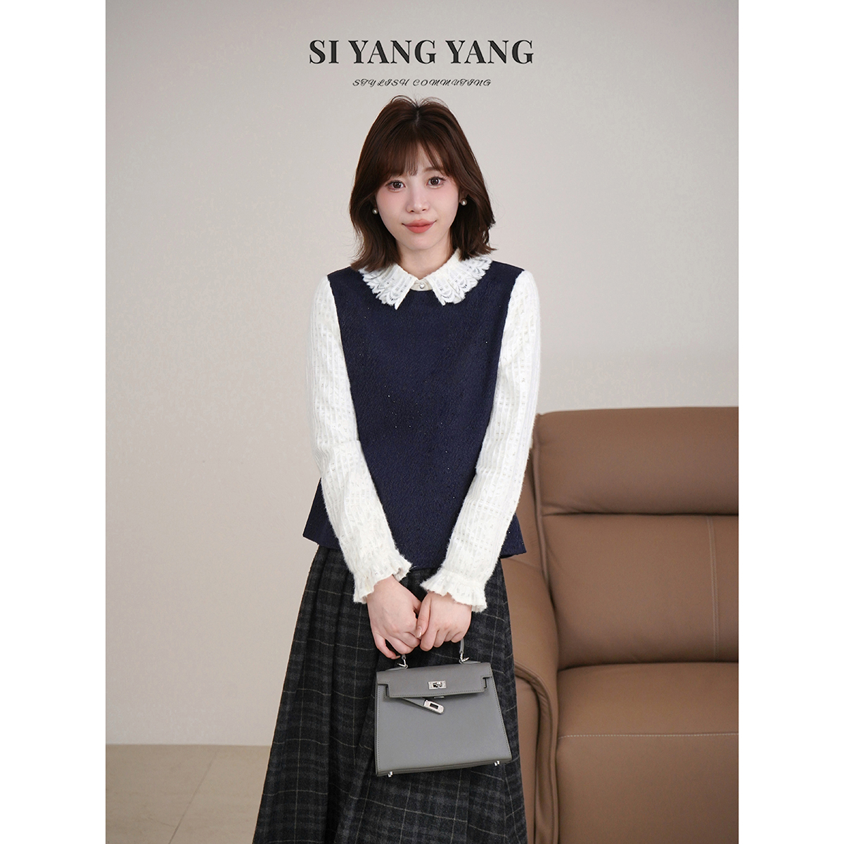 斯洋洋SIYANG冬季羊毛混纺烫钻工艺百搭假俩件上衣SY512A045SYY
