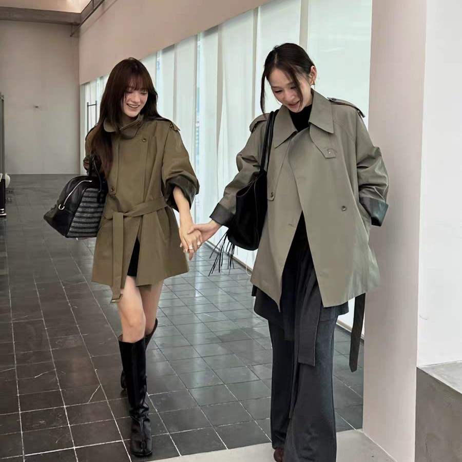 f.three三姐妹秋季新款时尚韩版翻领手袖拼接pu皮外套女百搭短款
