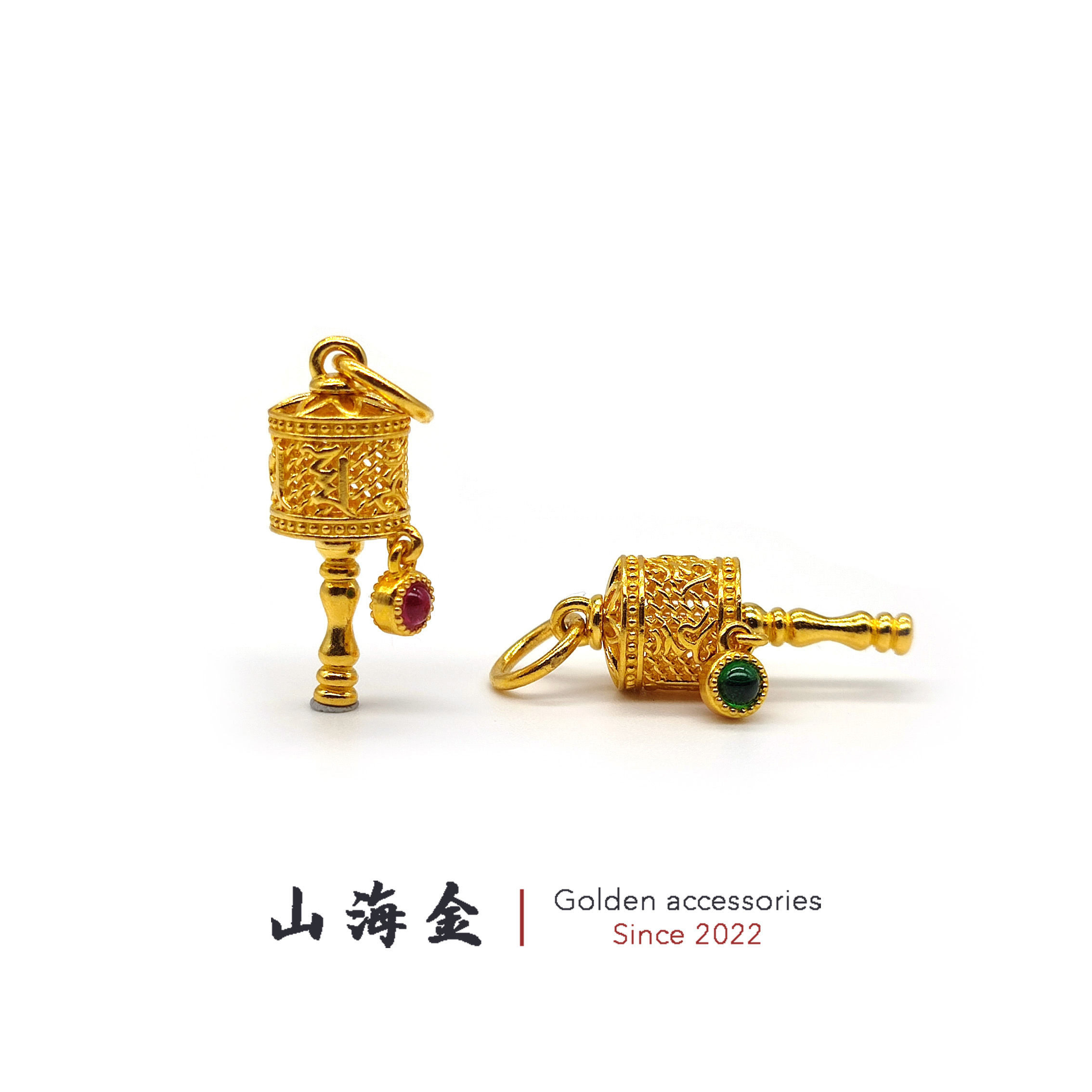 山海金 24K黄金999足金可转动六字箴言转金筒侧挂吊坠提溜DIY配饰