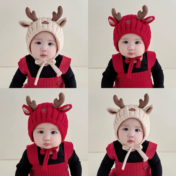 婴儿帽子秋冬季可爱鹿角造型护耳帽小月龄男女宝宝加厚保暖毛线帽