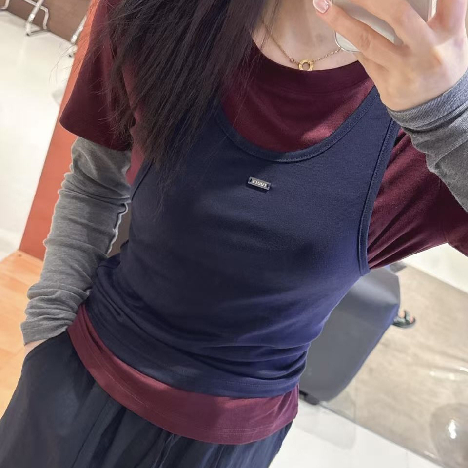 ODUOER【实体同款】两件套女T恤百搭背心耐磨长袖修身型内搭INS风