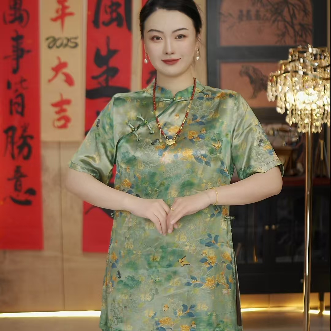 《翡蝶2》 显瘦新中式日常长旗袍短袖旗袍气质中长款重磅夏季提花2