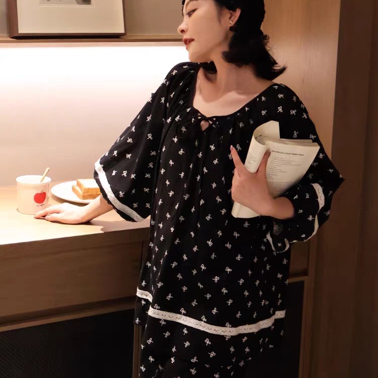 H254新款可外穿女士棉质短袖长裤夏季睡衣套装