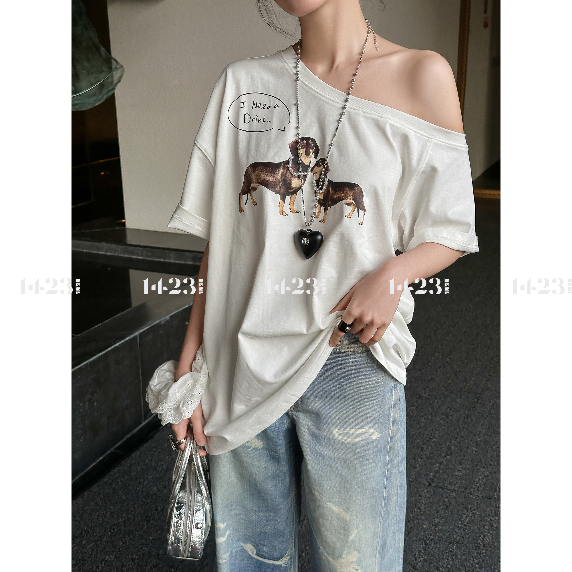 1423【宠宠T】小狗印花斜开肩&圆领纯棉修身弹力短袖女T恤