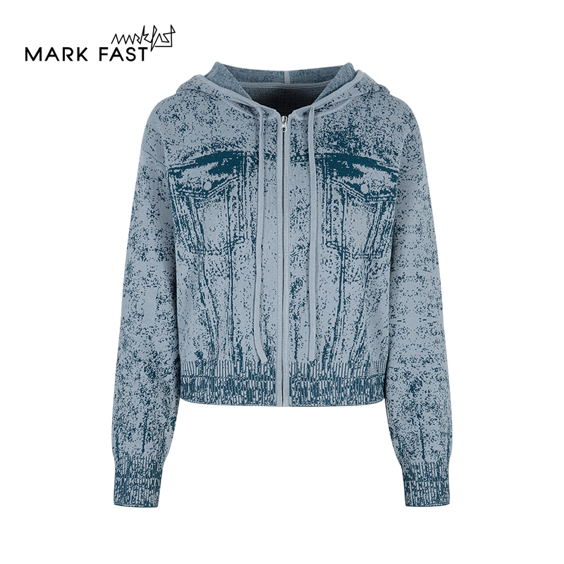 MARKFAST设计师品牌印花牛仔蓝连帽针织开衫毛衣M1FAW08060
