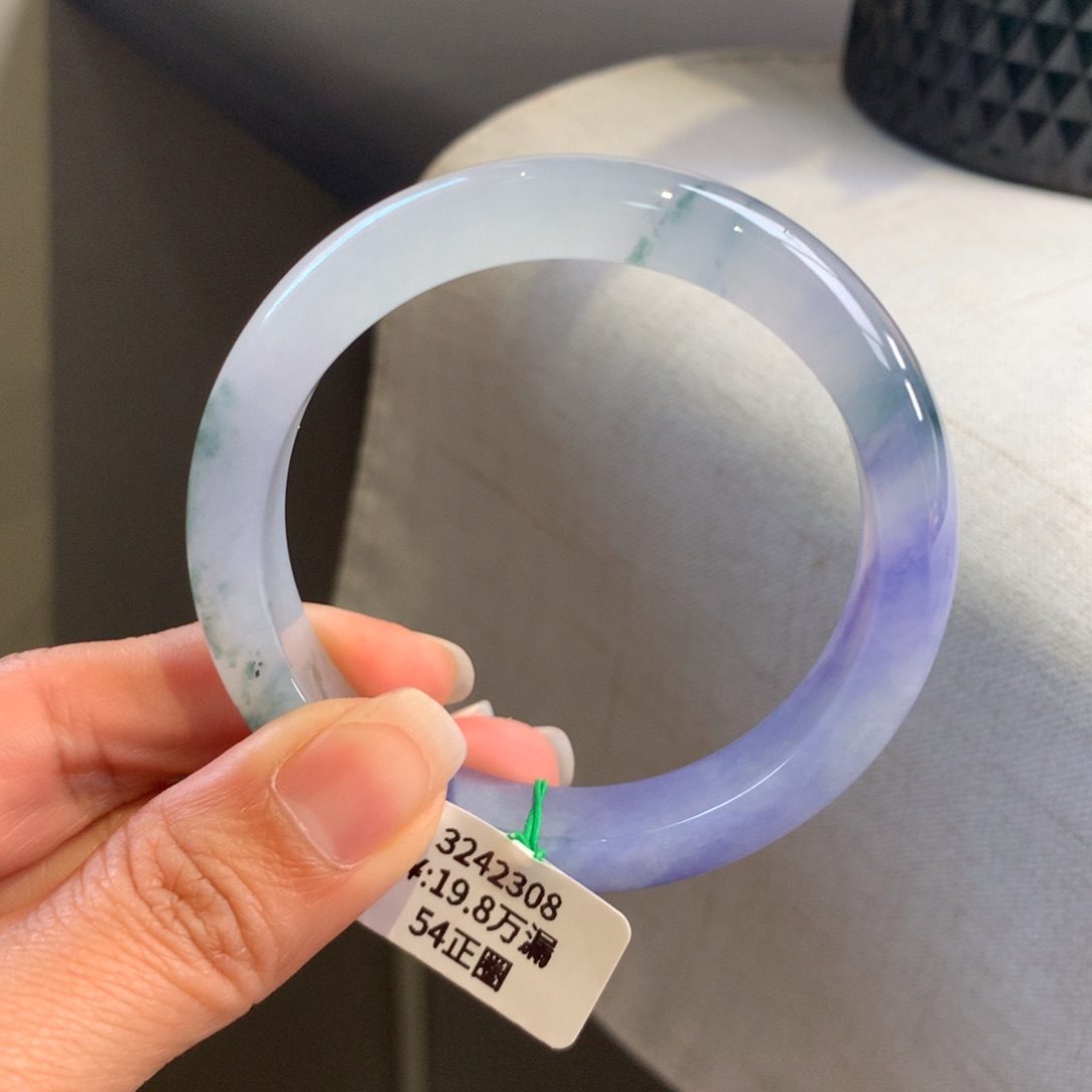 翡翠手镯未镶嵌冰妖紫飘蓝花正圈翡翠手镯54圈