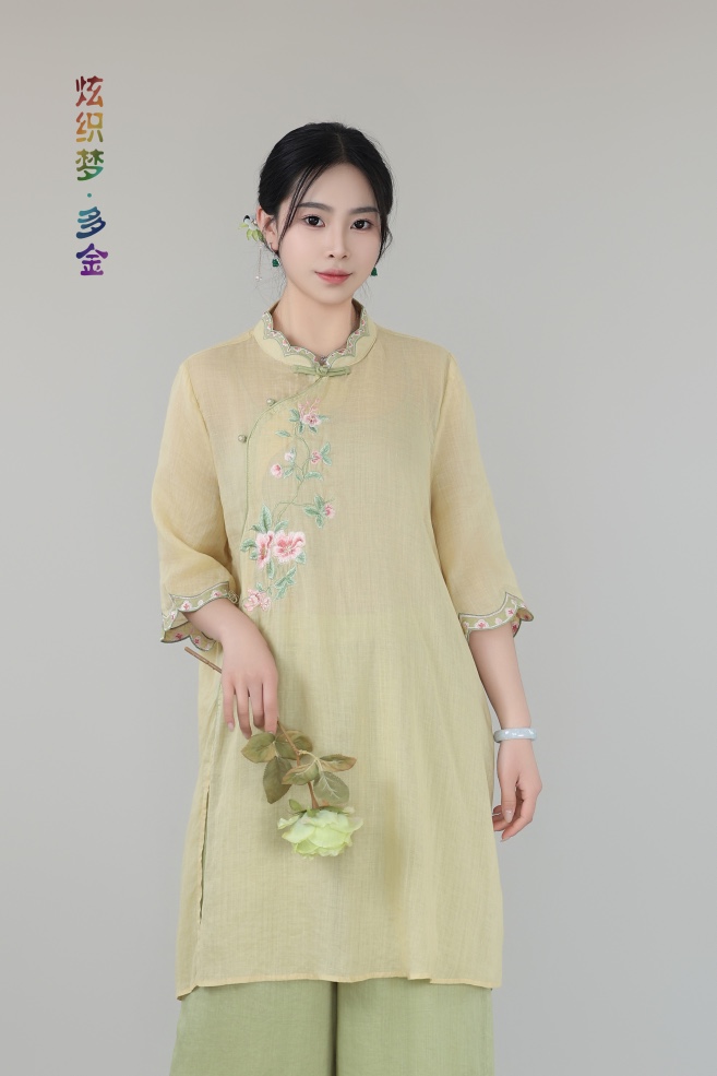 炫织梦斜肩款圆领宽松刺绣套头连衣裙旗袍茶服高质感穿搭气质