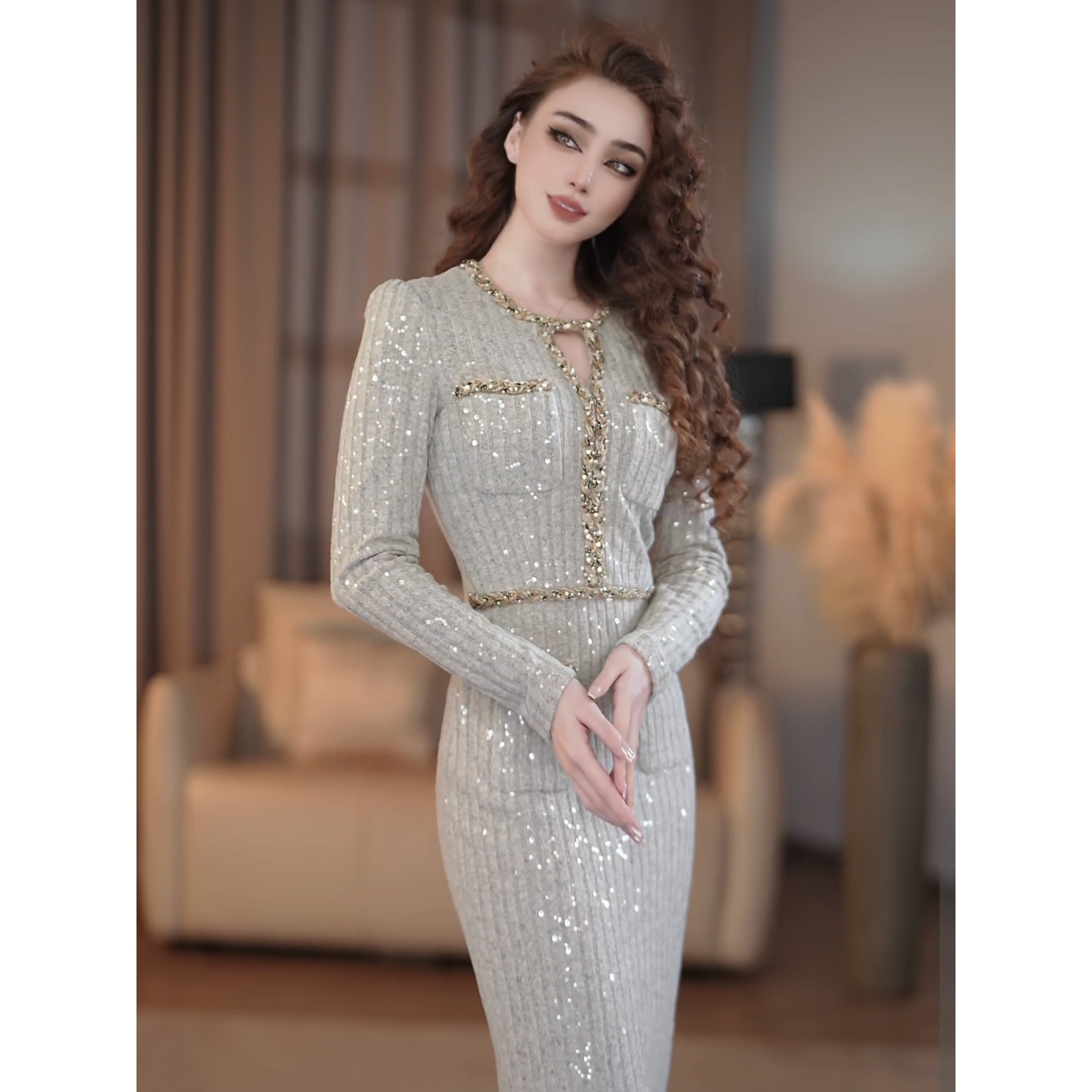 【爱妃】华伦灰韵冬季新款法式气质高级显瘦直筒连衣裙-YL11211