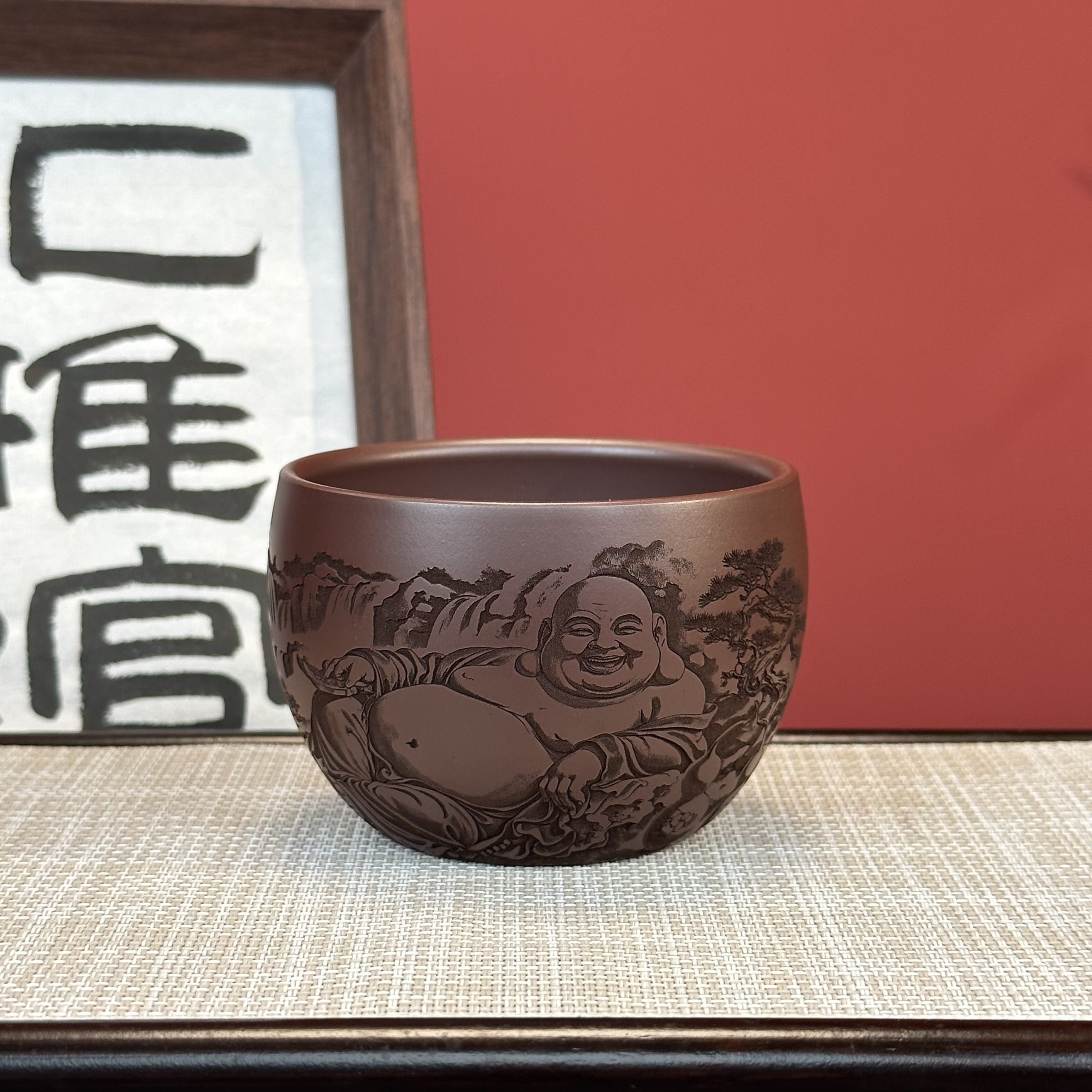 宜兴原矿紫砂石红水缸主人杯刻绘弥勒大容量品茗杯泡茶杯高端茶器