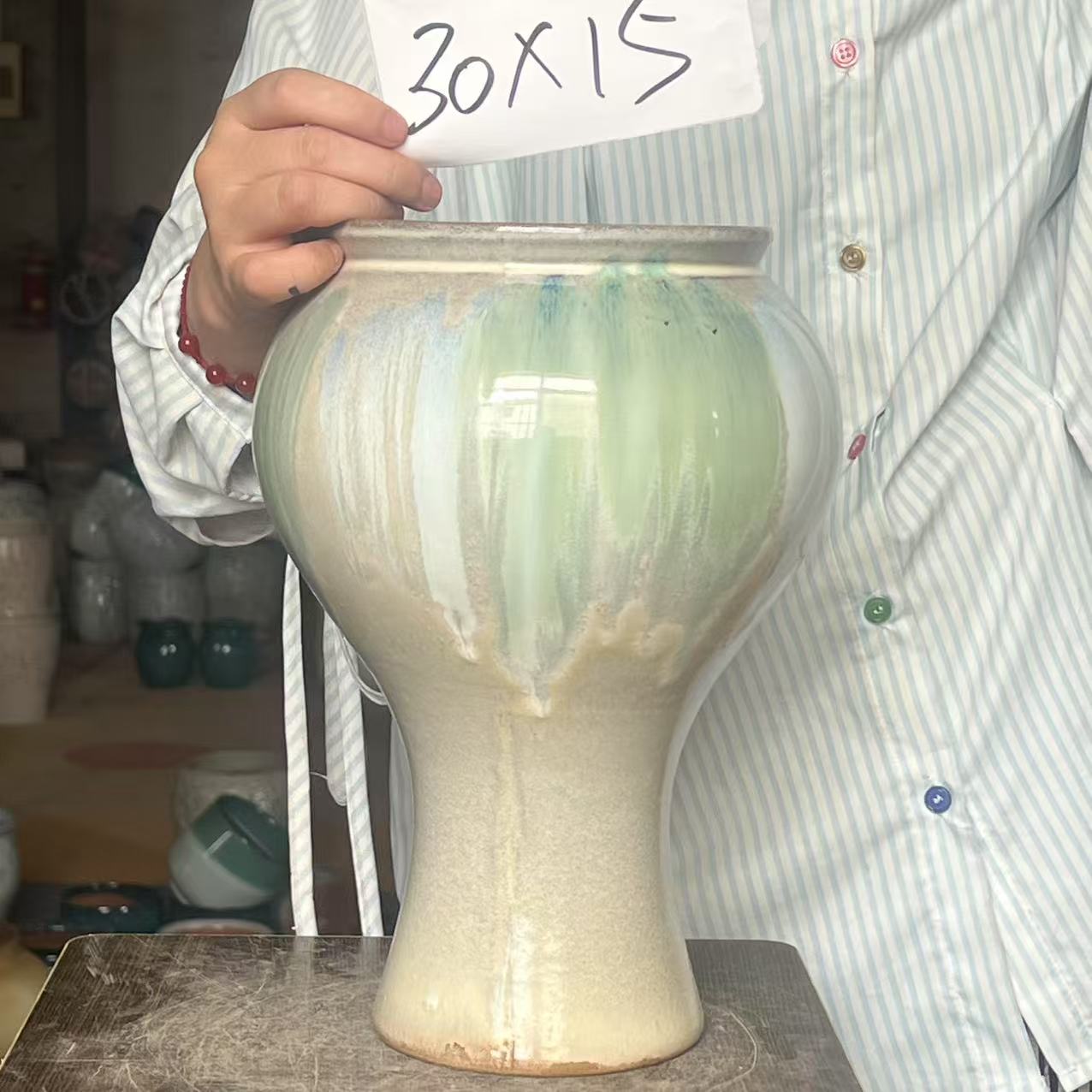 203高端宜兴紫砂花盆香槟色绿色流釉高30口15