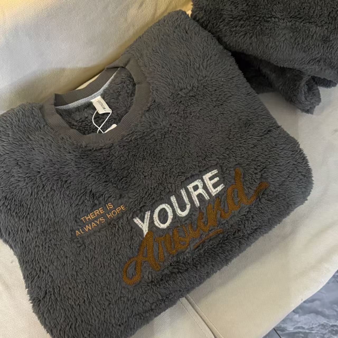 197-冬款男士YOURE拼接英文黑灰套头长袖长裤套装