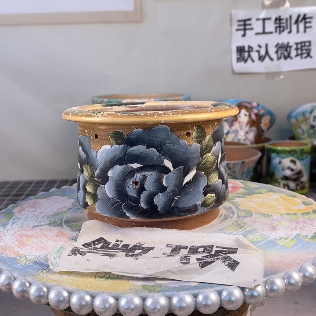 紫砂花盆红陶手绘花盆