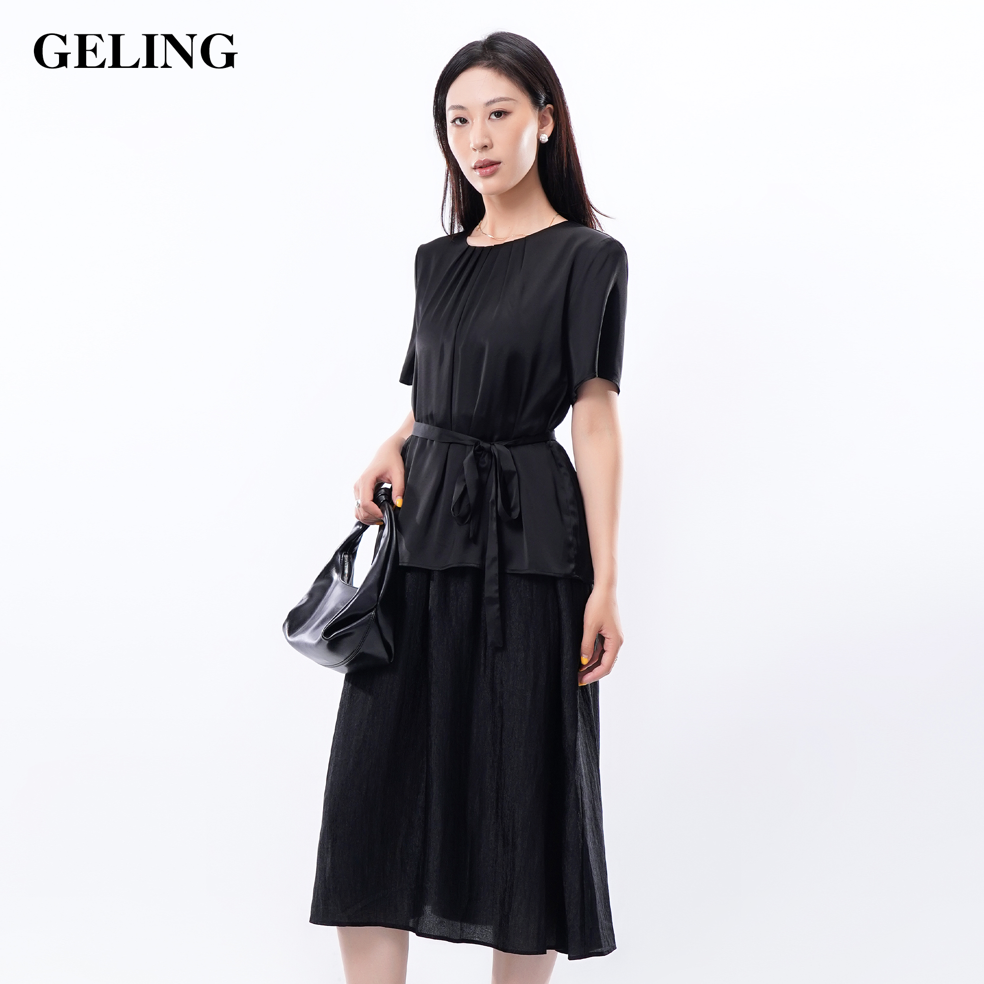 GELING/歌&玲气质圆领假两件连衣裙黑色G504W377L
