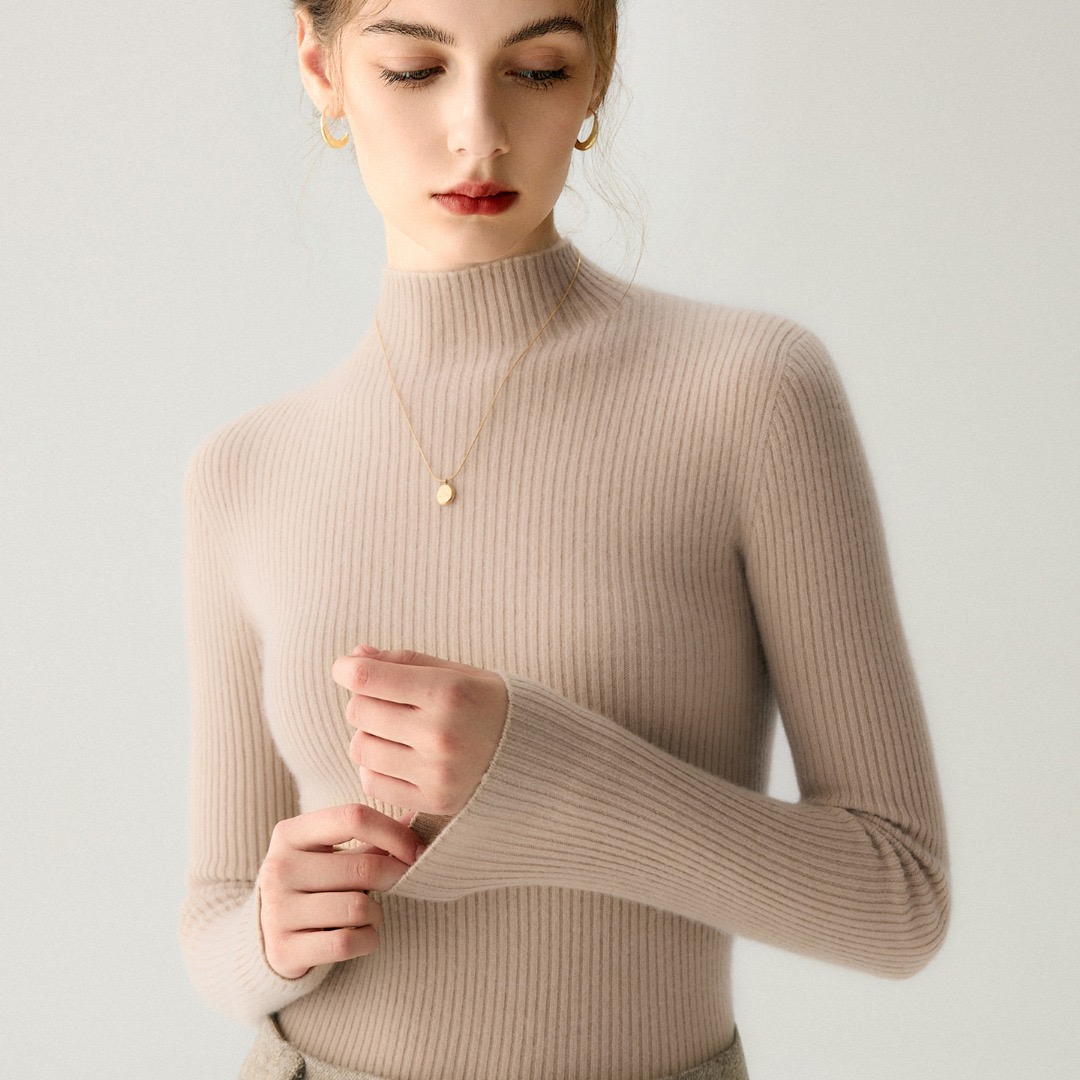 无缝一线成衣100%纯山羊绒衫女半高领修身显瘦抽条针织打底衫毛衣