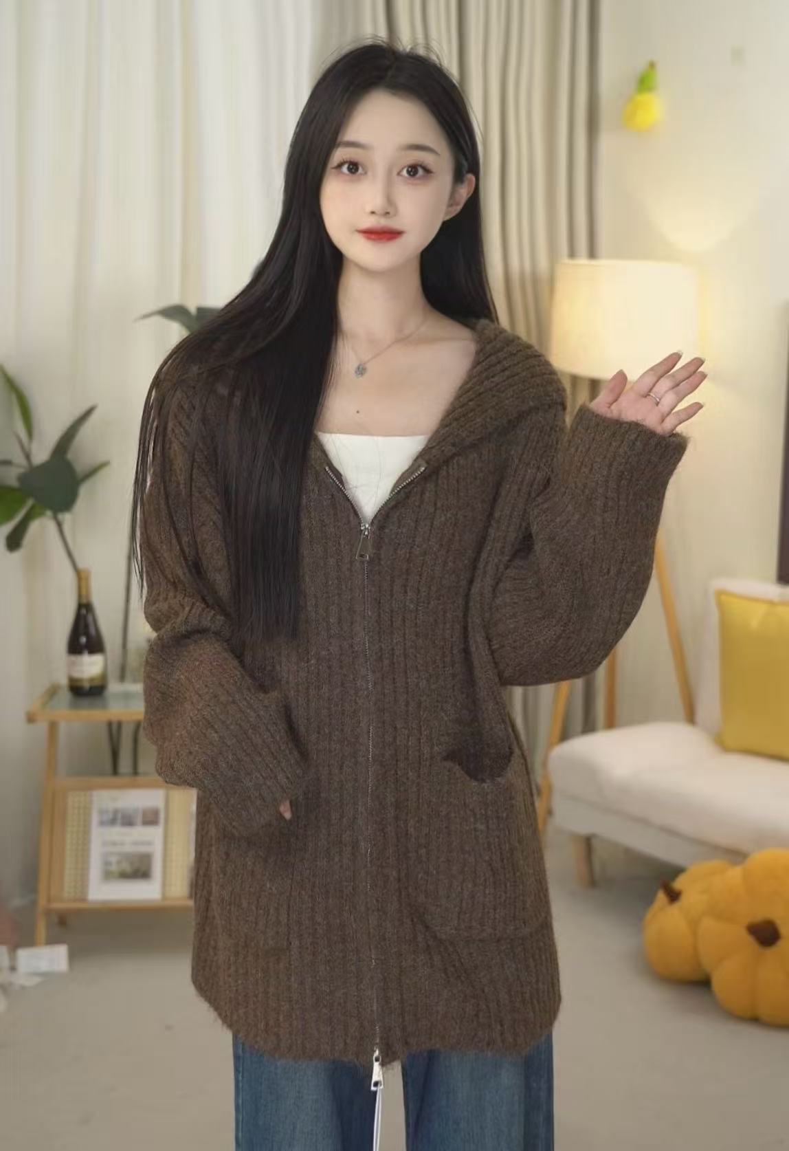 【小贝专属】“雾秋漓”双拉链连帽毛衣外套女秋冬季慵懒风针织衫8801