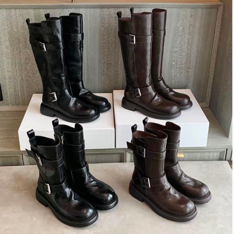 双扣粗跟厚底机车短靴女2025秋冬新款侧拉链英伦风西部瘦瘦靴短靴