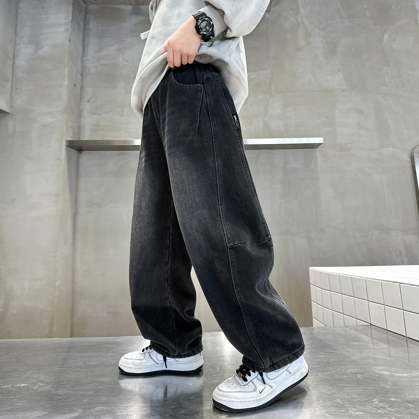 儿童一体绒加厚牛仔裤秋冬装2025新款男童直筒宽松冬季加绒裤子潮