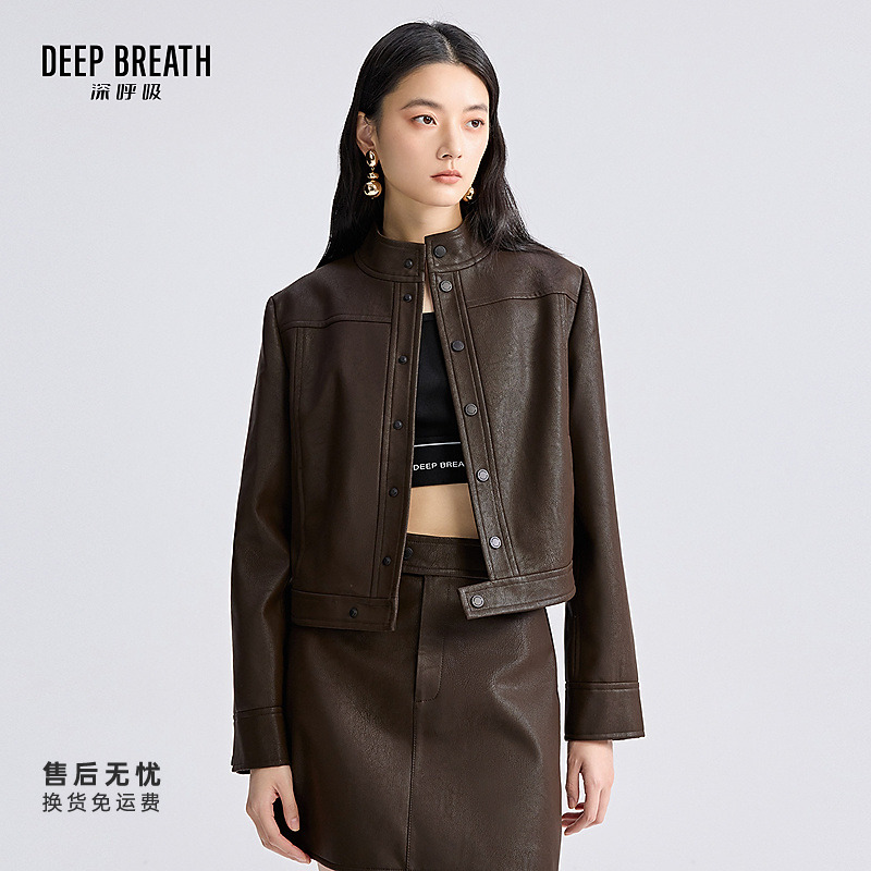 DEEP BREATH深呼吸女装短夹克PU皮衣半身裙套装A401389-A200350