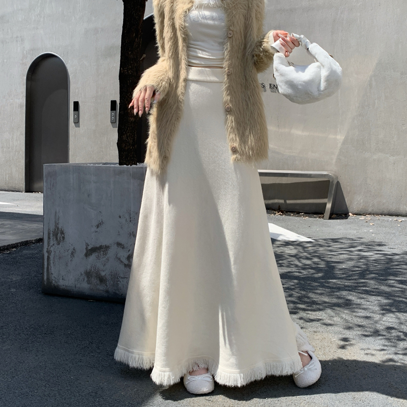 【冲量价】加厚针织百褶半身裙秋冬高腰显瘦流苏长款a字大摆伞裙子