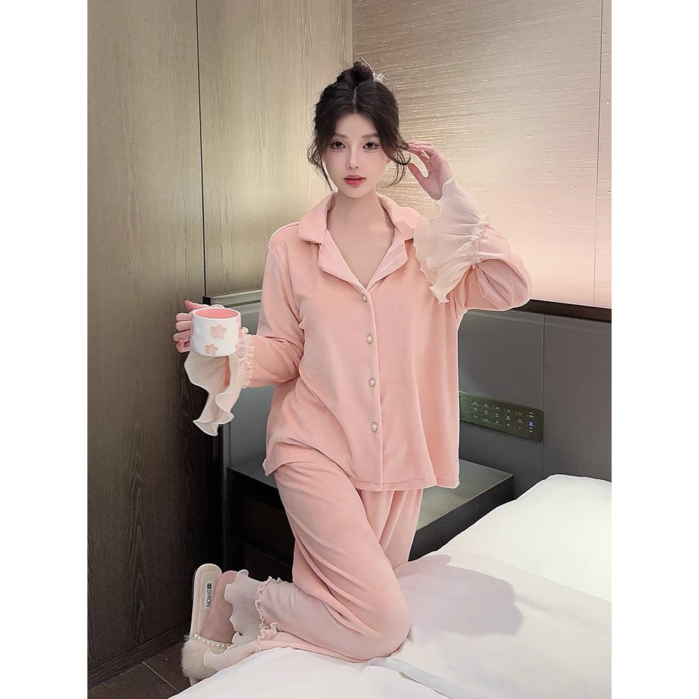 法式宫廷风喇叭袖睡衣女款秋冬季海岛绒家居服两件套装
