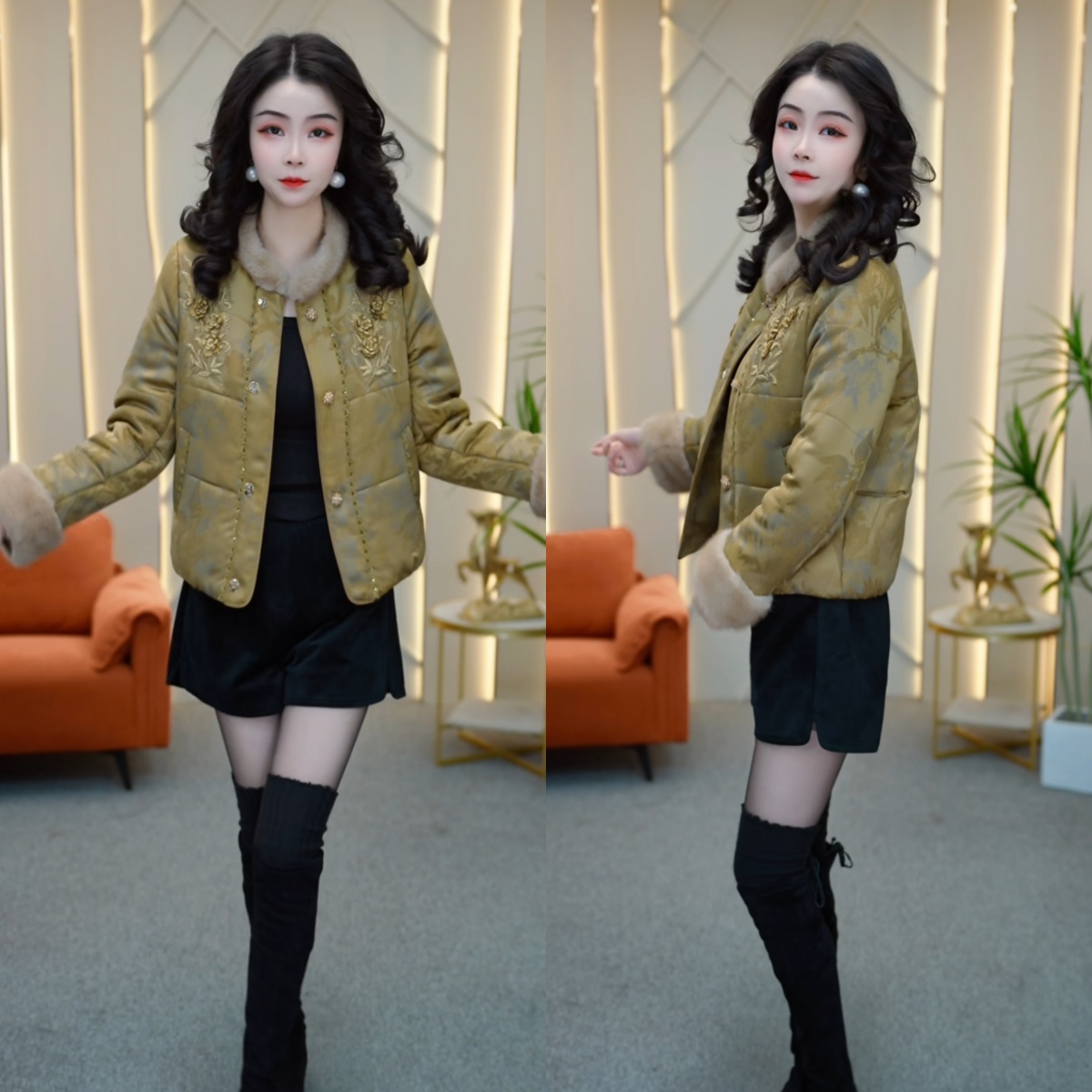 2025冬季时尚复古提花百搭洋气减龄加厚保暖气质厚棉服外套M-4XL