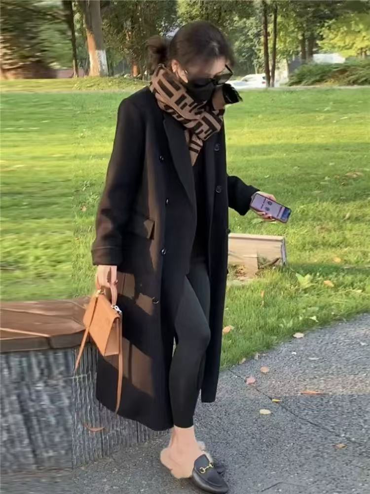 秋冬季新款韩版中长款正肩呢子加棉外套