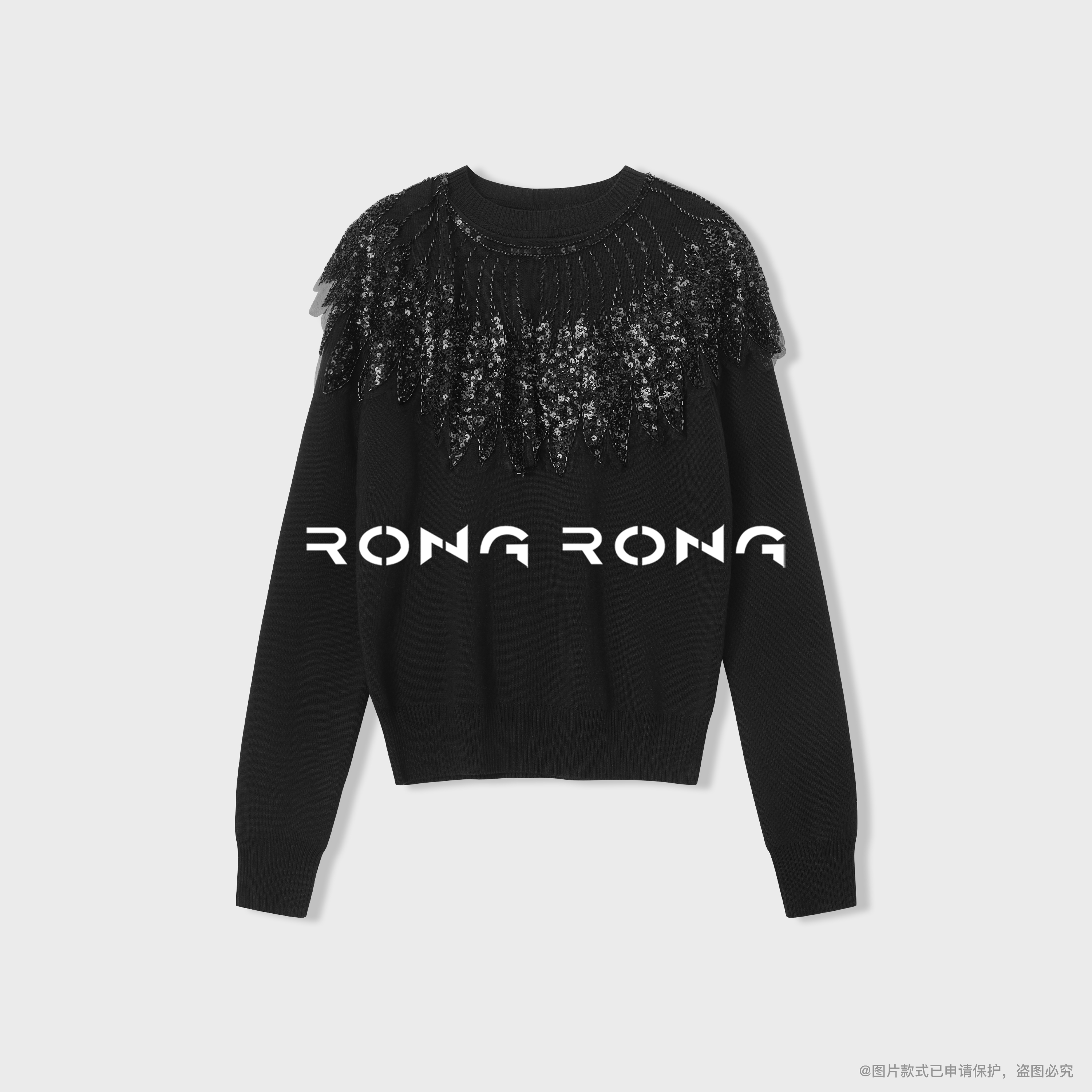 溶溶【黑羽鎏光】RONG 莱赛尔混纺重工树叶状珠片刺绣领花2505H921