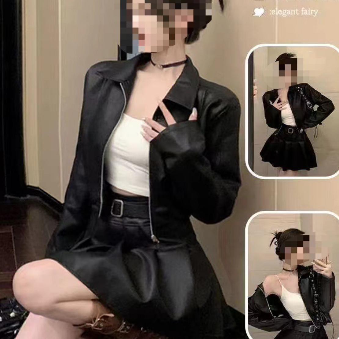 大码黑色短款外套秋季新款高级感宽松机车服皮夹克8727（不带腰带）